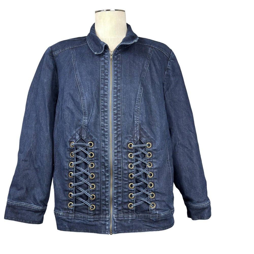 Catherines Denim Jacket Womens 1X 18/20W Blue Zip Front Lace Up Grommet Plus